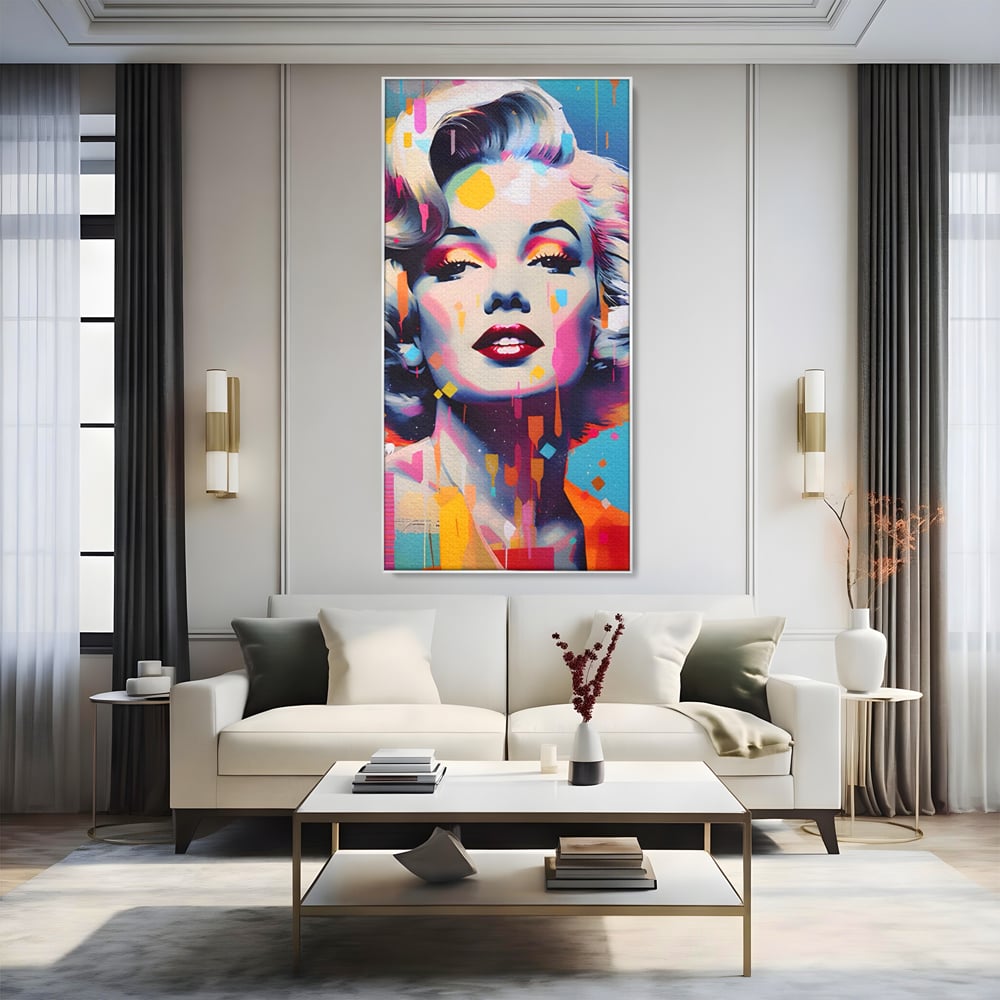 Tablou canvas cu tablou canvas portret pop art marilyn monroe, in rama de aluminiu argintiu, pe perete intr-un living